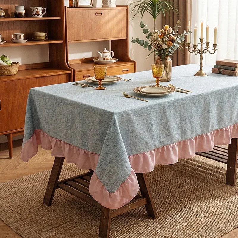 2026 New Contrast Tablecloth with Flounces Solid Color Cotton and Linen Anti-Scratch Table Mat Soft Dust-Proof Dining Room Decor
