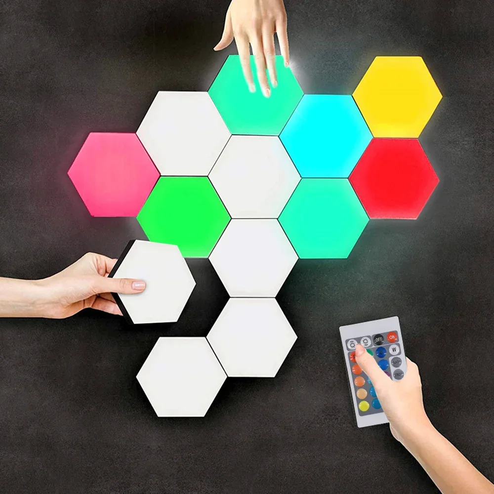 RGB LED Hexagon Wall Lamp Remote/Touch Control Hex Lights Creative DIY Modular Night Light for Kids Children Indoor Decoration