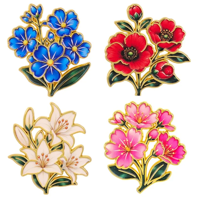 Cute Vintage Colorful Floral Enamel Pin Lily Cherry Poppy Blue Flower Leaf Brooch Backpack Hat Clothes Plant Lovers Daily Gifts