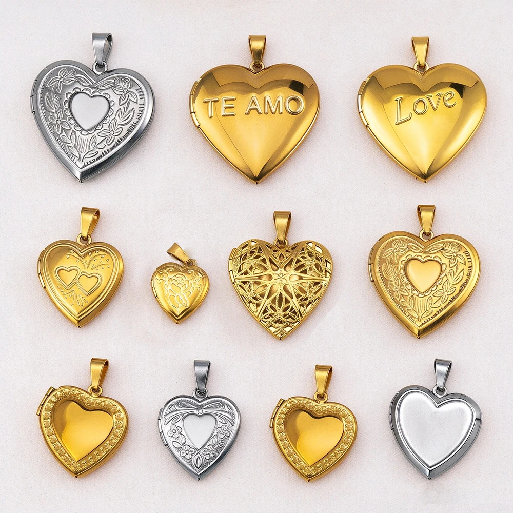 Stainless Steel Relief Flower Folding Pocket Watch Pendant Base Love Heart Frames Blank Bezel DIY Charm Necklaces Jewelry Making