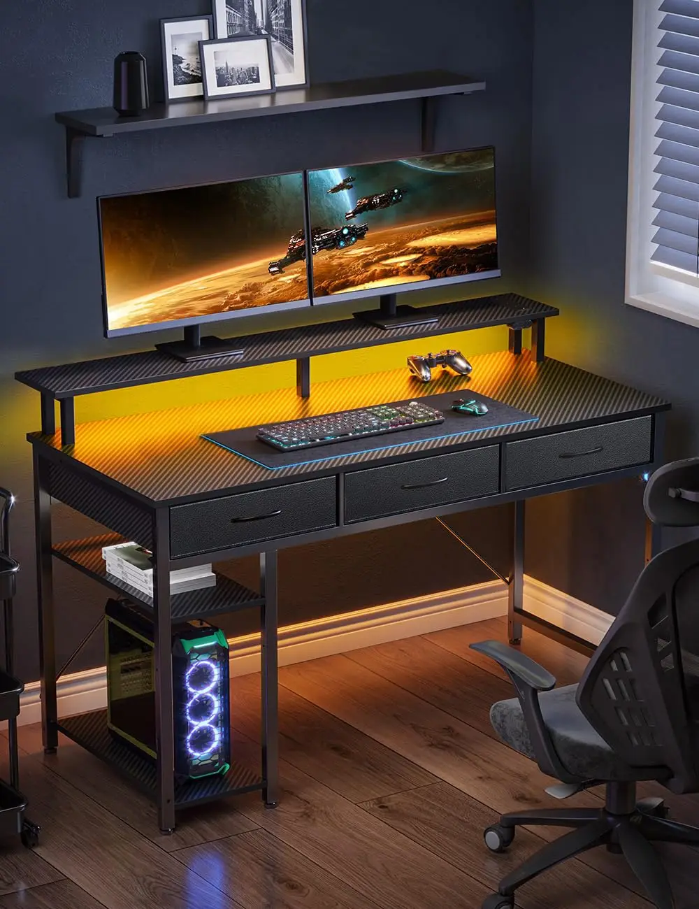 39 inch Computer Desk with Power Outlets & LED Light, 3 Drawers Storage Shelves Monitor Stand, Home Office Writing Desk, Black,