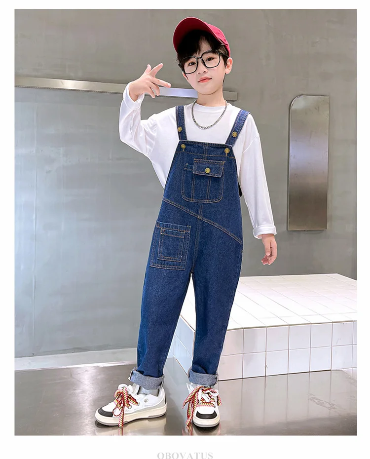 Modische Jeans-Latzhose für Jungen und Mädchen, Kinder Retro Dunkelblau Jeans-Overall mit Trägern, Coole Streetwear Latzhose für Kinder – Detail 5