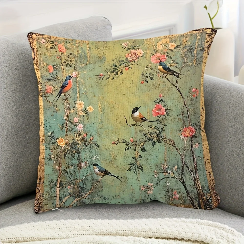 Double-sided 1pc Pillowcase Without Insert Featuring A Vintage-style Printed Design Depicting Birds And Flowers Not Actual Embro