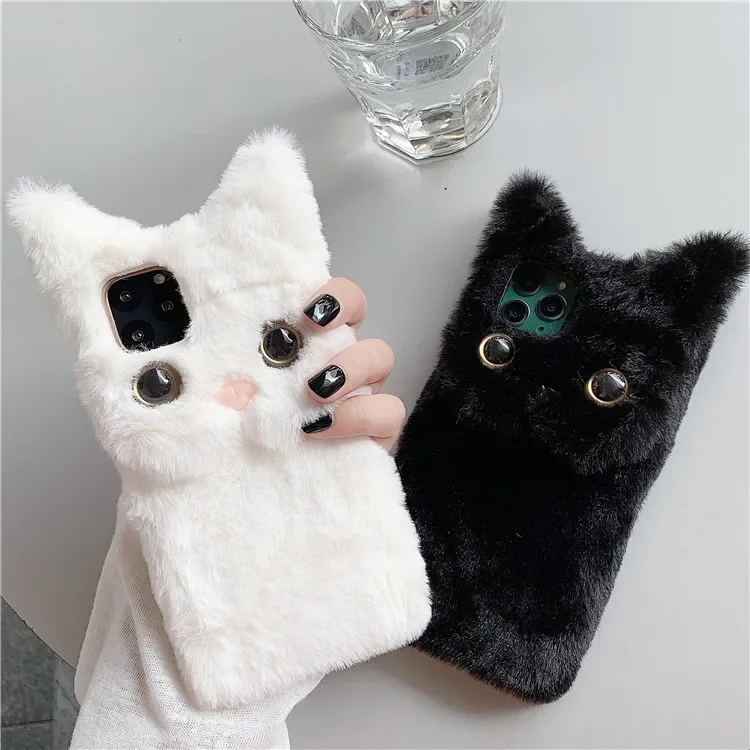 Kawaii Plush black cat Pink kitten Sweet girls Phone case For iPhone 14 13 12 11 Pro Max Xr Xs 7 8 14 Plus case Cute Soft Cover