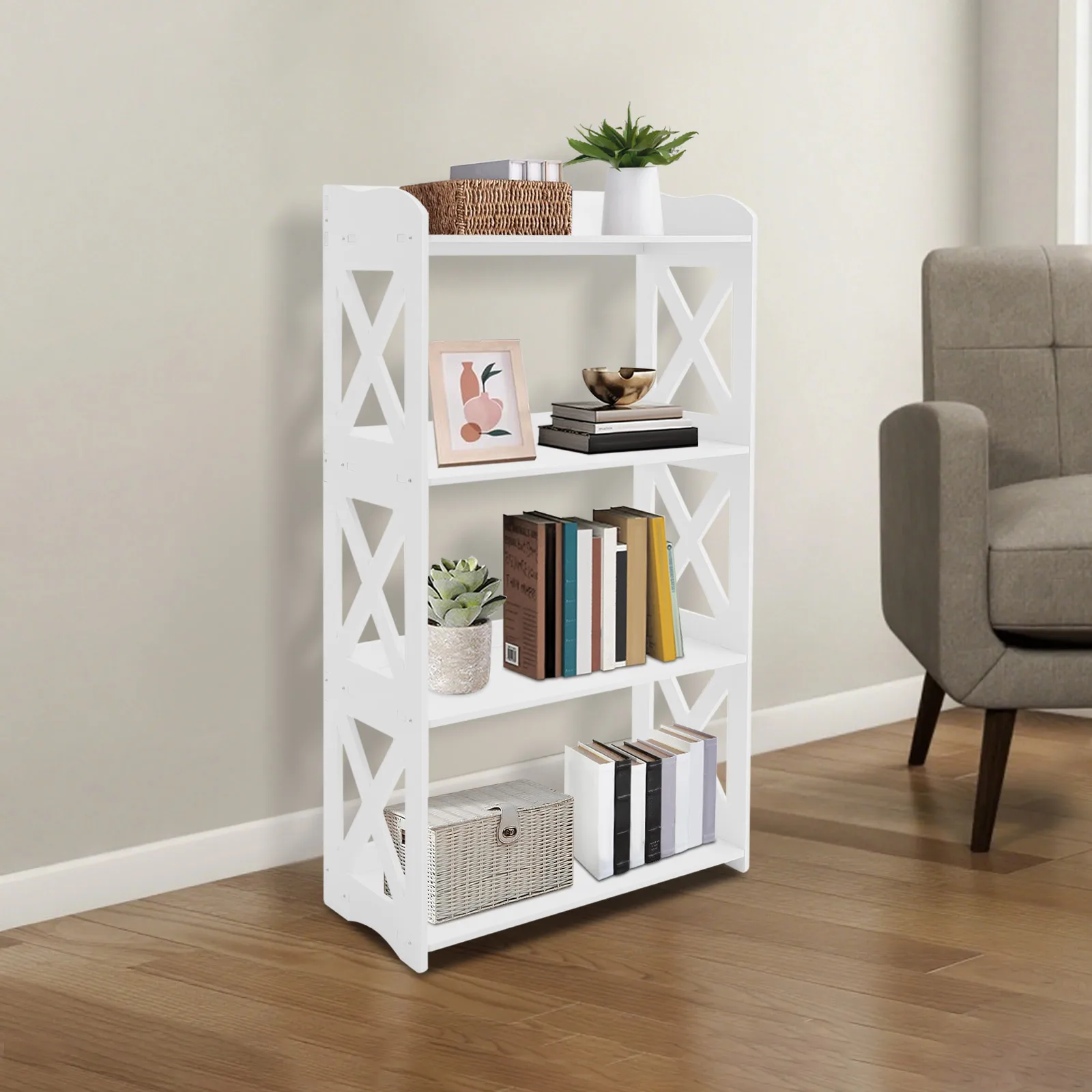 4-stufiges PVC-Bücherregal, weißes offenes Regal mit geräumiger Stauraum, stabiles wasserabweisendes Bücherregal, moderner, bodenstehender Organizer – Detail 4