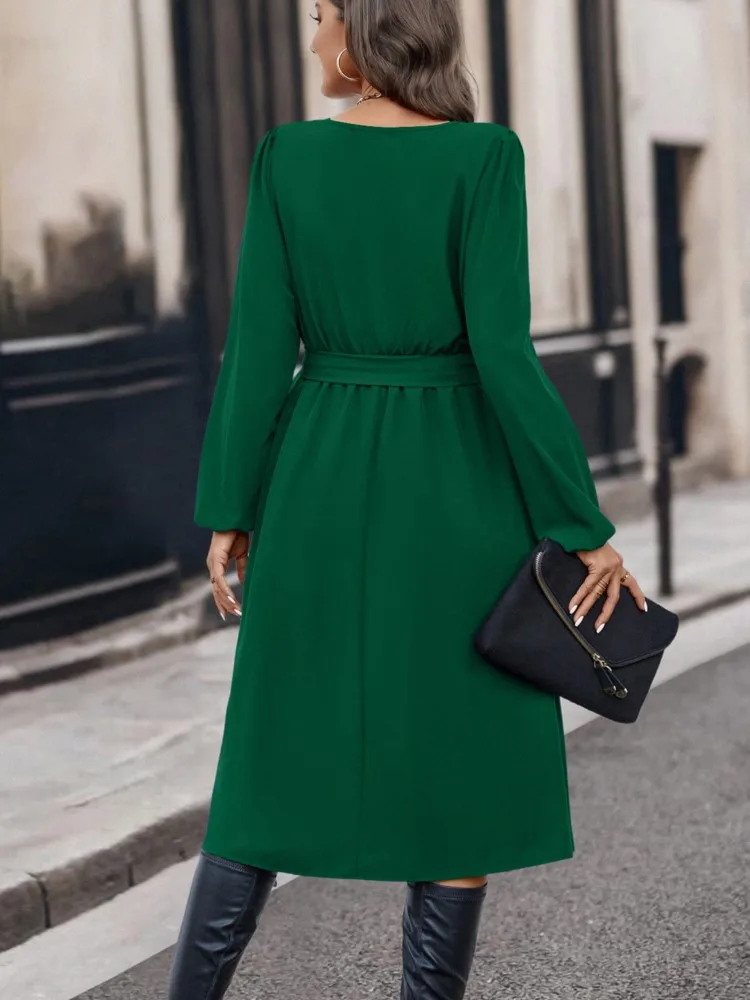 Women's Green Elegant Casual Waist Pulling Lace Up Midi Dress Autumn Winter Fashion Slant Neck Button Long Sleeve Dresses Robe