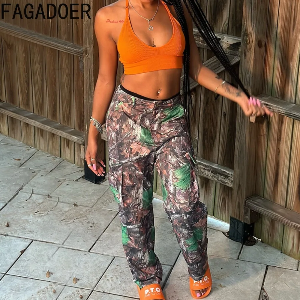 FAGADOER Fashion Printing Pocket Cargo Pants Women High Waisted Button Color Block Trousers Autumn Winter New Bottoms Streetwear