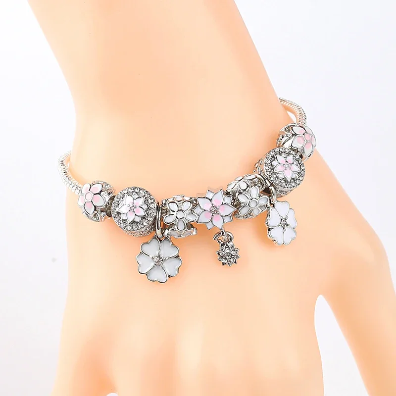 White & Pink Enamel Cherry Blossoms Charm Bracelets Colorful Flower Bead Bracelet for Women Diy Jewelry Making Pulseira Feminina