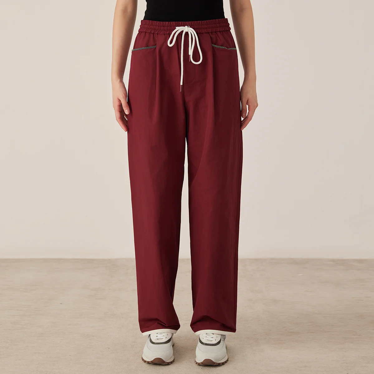 KX7523315 Women's Wide Leg Cotton Blend Pants Drawstring Elastic Waist Side Pockets Fall Trousers