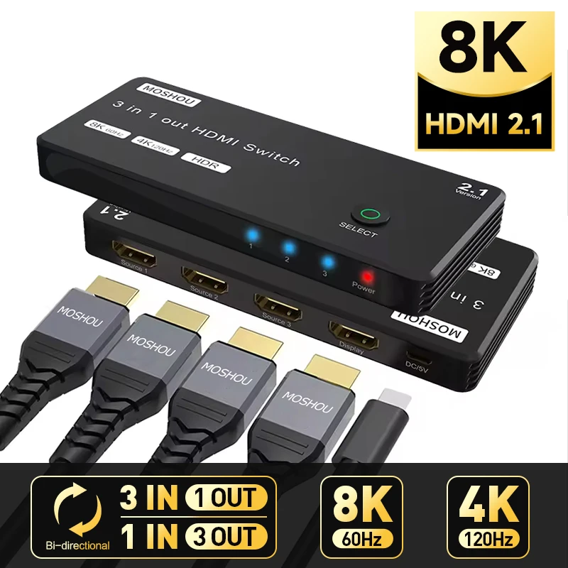 

MOSHOU HDMI 2.1 Switch Ultra HD HDR HDCP2.3 8K@60Hz 3 in 1 Out HDMI Splitter with Remote Switcher Box for PS5 Xbox Nintendo