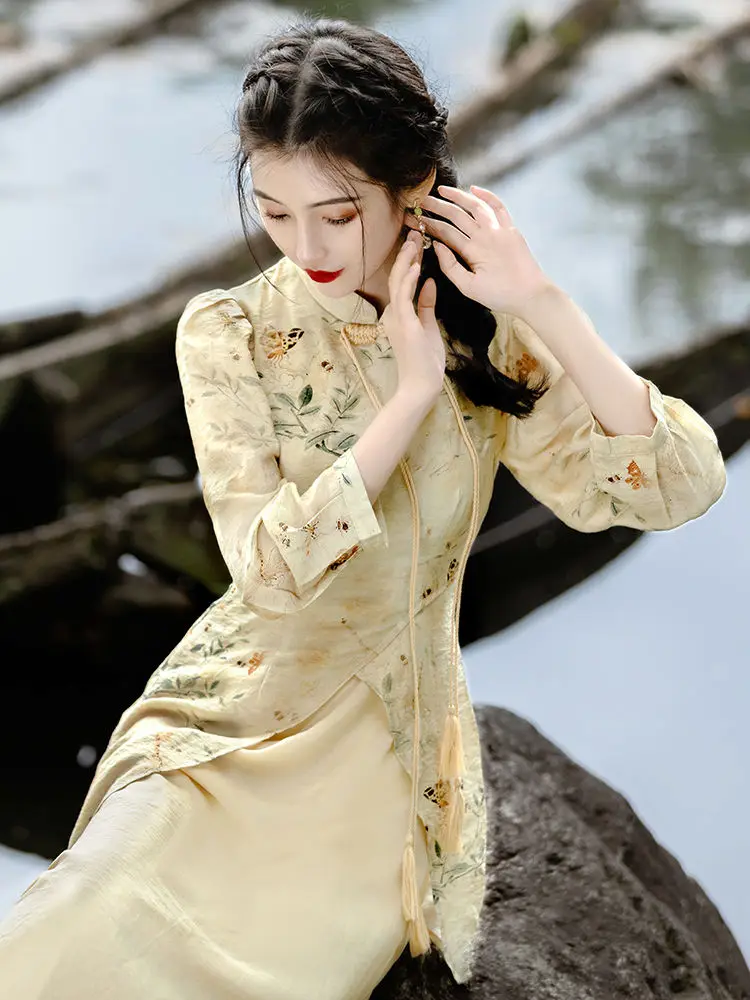 New Spring Long Sleeved New Chinese Style Dress Women\'s Button Young Qipao Dress Chinese Style Long Sleeved Elegant Dress