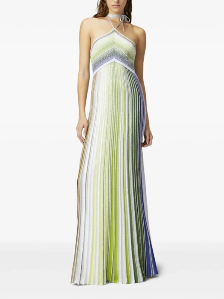 2025 Gradient Stripe Sexy Slimming Long Dress For Women Square Collar Sleeveless Backless High Waist Fashion Temperament Dress