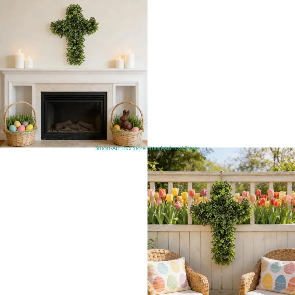 

E1PB Festival Artificial Green Plant Crosses Wreath for Christmas Wall Decors Party