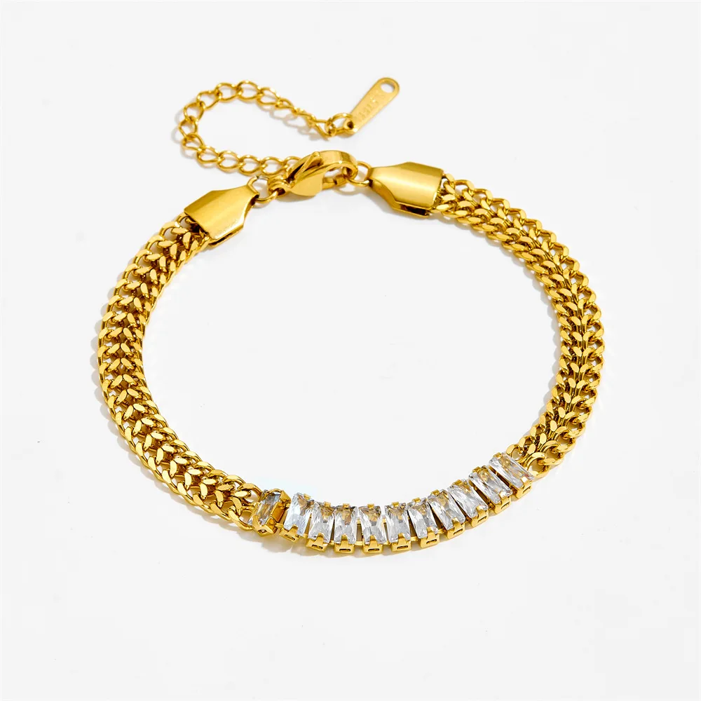 316L Stainless Steel New Fashion Upscale Jewelry 2 Rows Embedded Zircon Crystal Charm Thick Chain Bracelets Bangles For Women