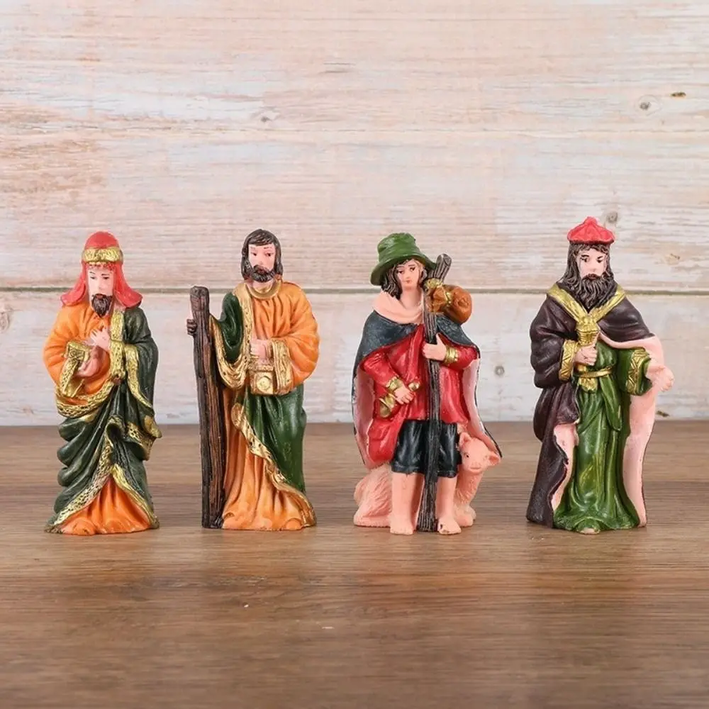 10Pcs/Set Resin Material Nativity Stable Ornaments Hand Drawn Design Tabletop Display Christmas Manger Scene Empty Stable