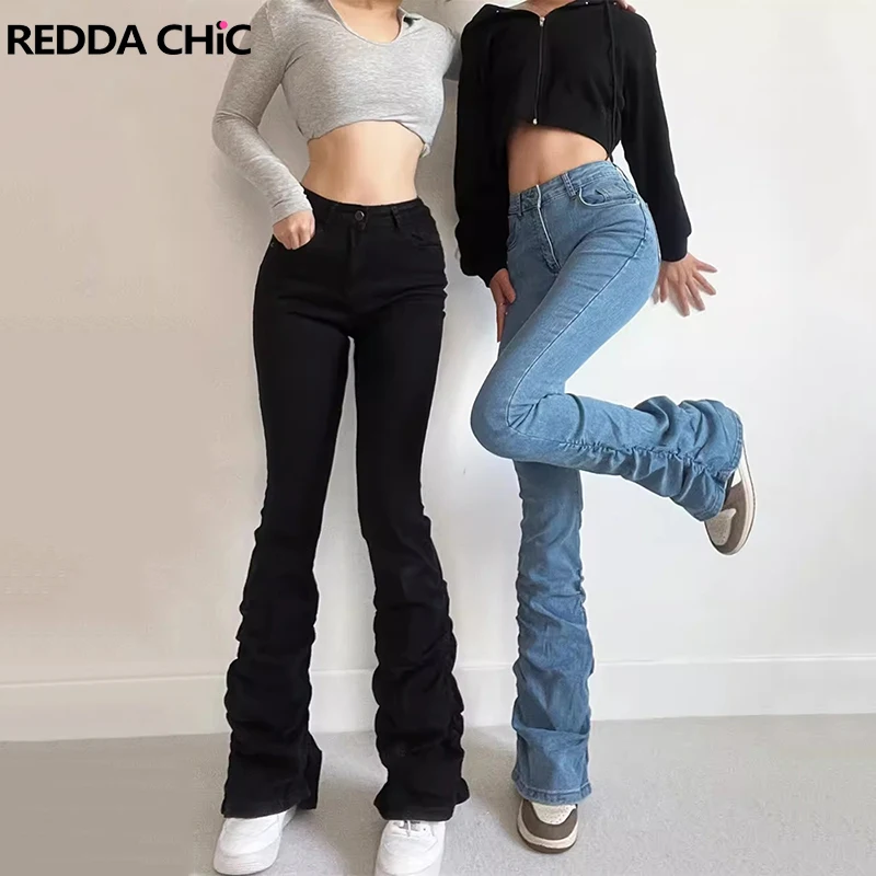 

ReddaChic Acubi Fashion Women Ruched Flare Jeans Skinny High Waist Trousers Solid Black Bootcut Pants Retro Y2k Korean Clothes