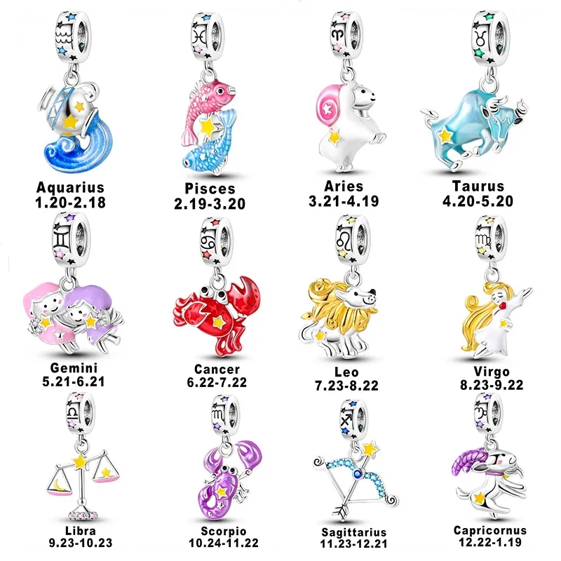 925 Sterling Silver 12 Zodiac Constellation Pisces Sagittarius  Libra Charms Star Sign Pendant Women Birthday Jewelry Gift