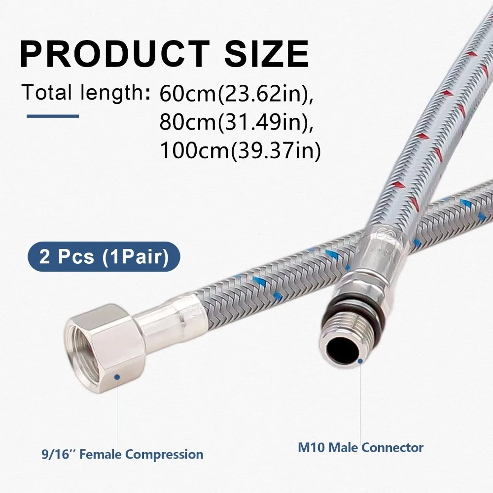 60/80/100cm G1/2 G9/16 1 Pair Stainless Steel/Nylon Flexible Plumbing Pipes Cold Hot Mixer Faucet Water Supply Pipe Hoses