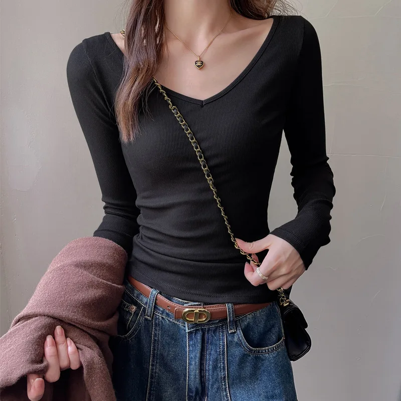 

Женские футболки в рубчик, однотонные, с длинными рукавами, сексуальные, с v-образным вырезом, повседневные, тонкие, базовый слой, топы, повседневная женская блузка, верхняя одежда C6014