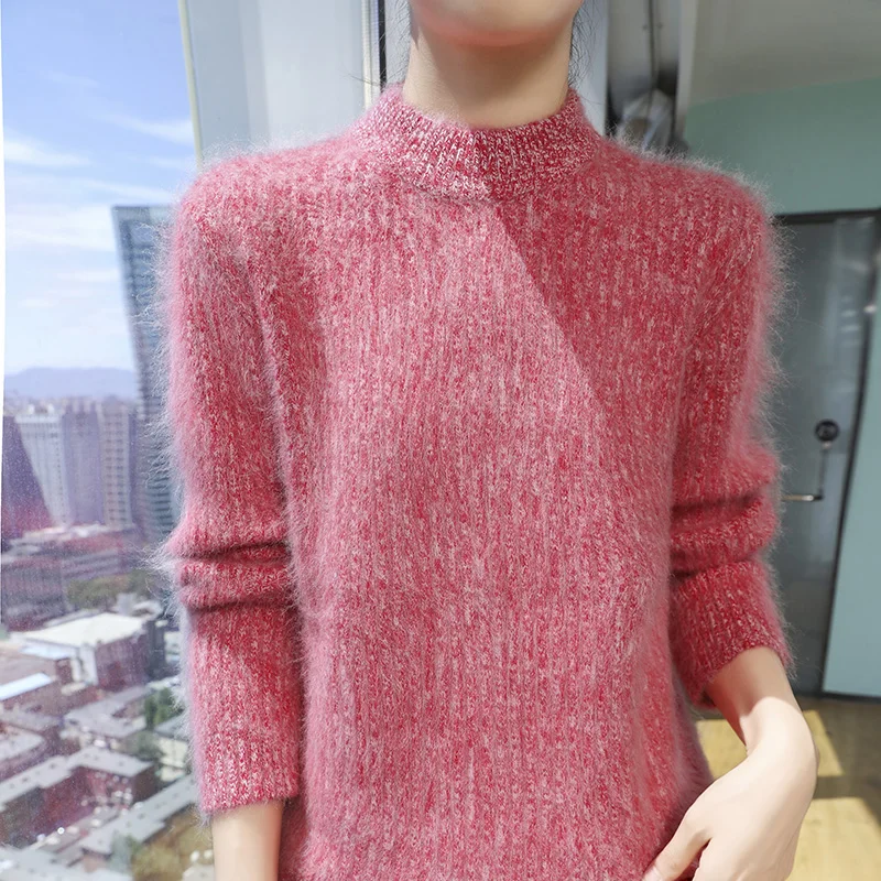 Pure Mink Cashmere Sweater Women Beautiful Colored Yarn Pit Bar Knitted Jumper Mock Neck Autumn and Winter Loose Plus Size Top