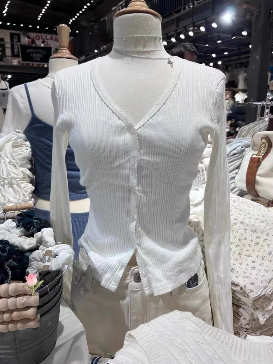 White Striped Long Sleeve T-Shirt for Woman V Neck Lace Trim Single Breasted Soft Cotton Y2k Tee Shirt 2024 Sweet Cute Tops