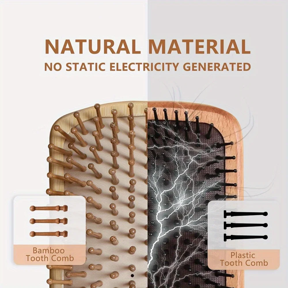 مشط مجداف من الخيزران الطبيعي مشط وسادة هوائية لتدليك فروة الرأس ومضاد للكهرباء الساكنة وخالي من التشابك، خاص للشعر المستعار الحقيقي
