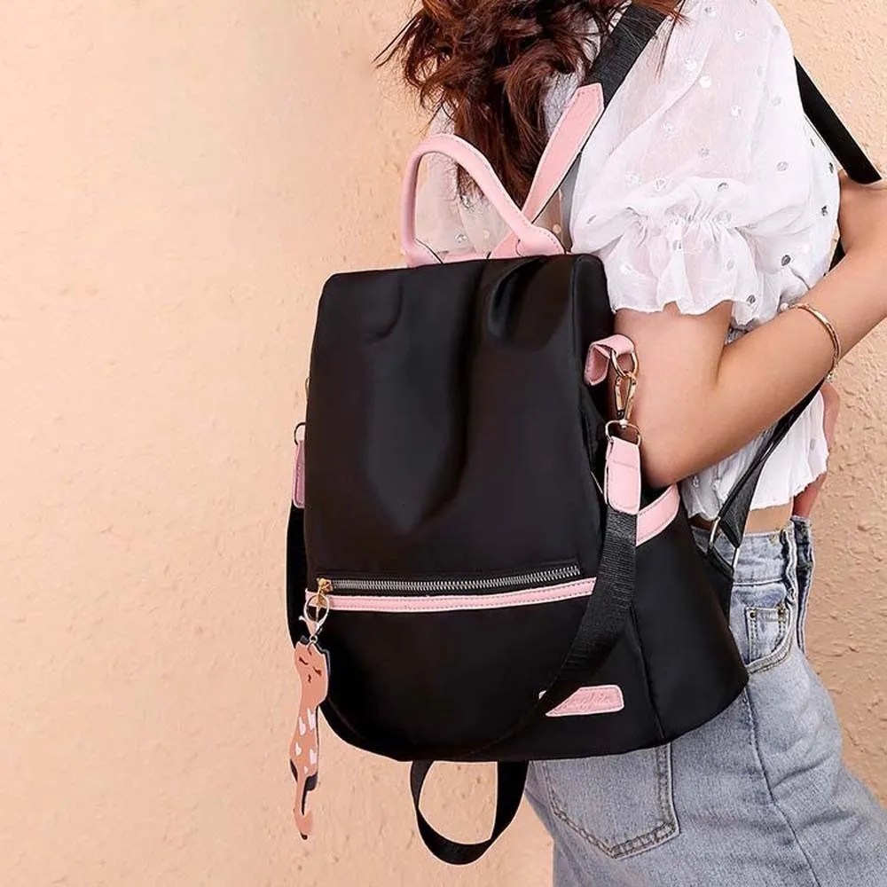 ポリエステル女性用デイリーバックパック盗難防止猫PUペンダントオックスフォード布デイパック防滴水傷防止