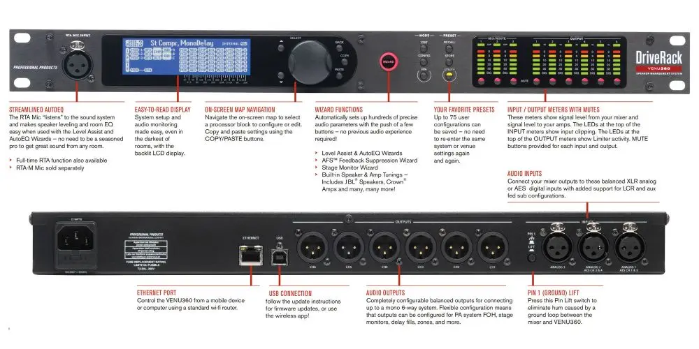 VENU360 Dbx Driverack procesador de Audio profesional 3 en 6 0ut, sistema de sonido, procesador de Audio de música Digital