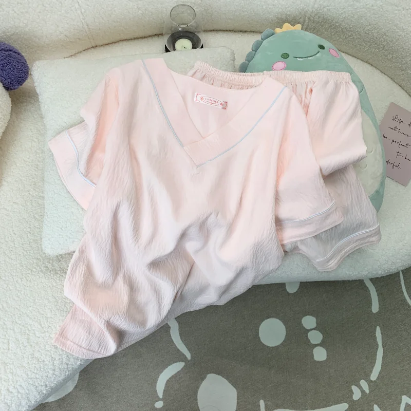 

Милые модные простые однотонные пижамы для женщин, новые летние короткие женские пижамные комплекты из двух предметов, мягкая тонкая повседневная модная домашняя одежда