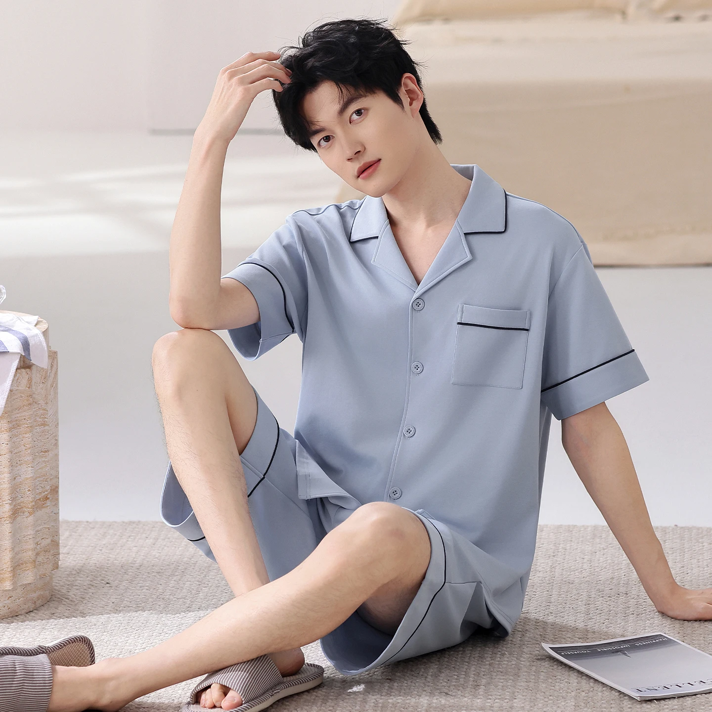 Men Pajamas Full Pure Cotton Lapel Collar Sleepwear Men Summer Home Clothes Big Yards L-4XL High Quality Young Male Homewear Set
