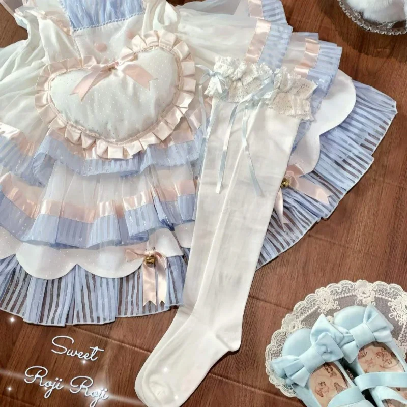 Japanese Hot Lolita Gentle Ballet Socks Women Water Blue Bowknot Mid-calf Socks Multi-layer Lace JK Harajuku Sweet Cotton Socks