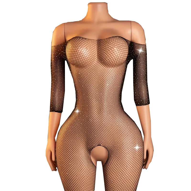 

Сексуальное прозрачное нижнее белье с открытой промежностью и длинными рукавами, черное блестящее боди со стразами в сеточку, большие размеры, эротический костюм