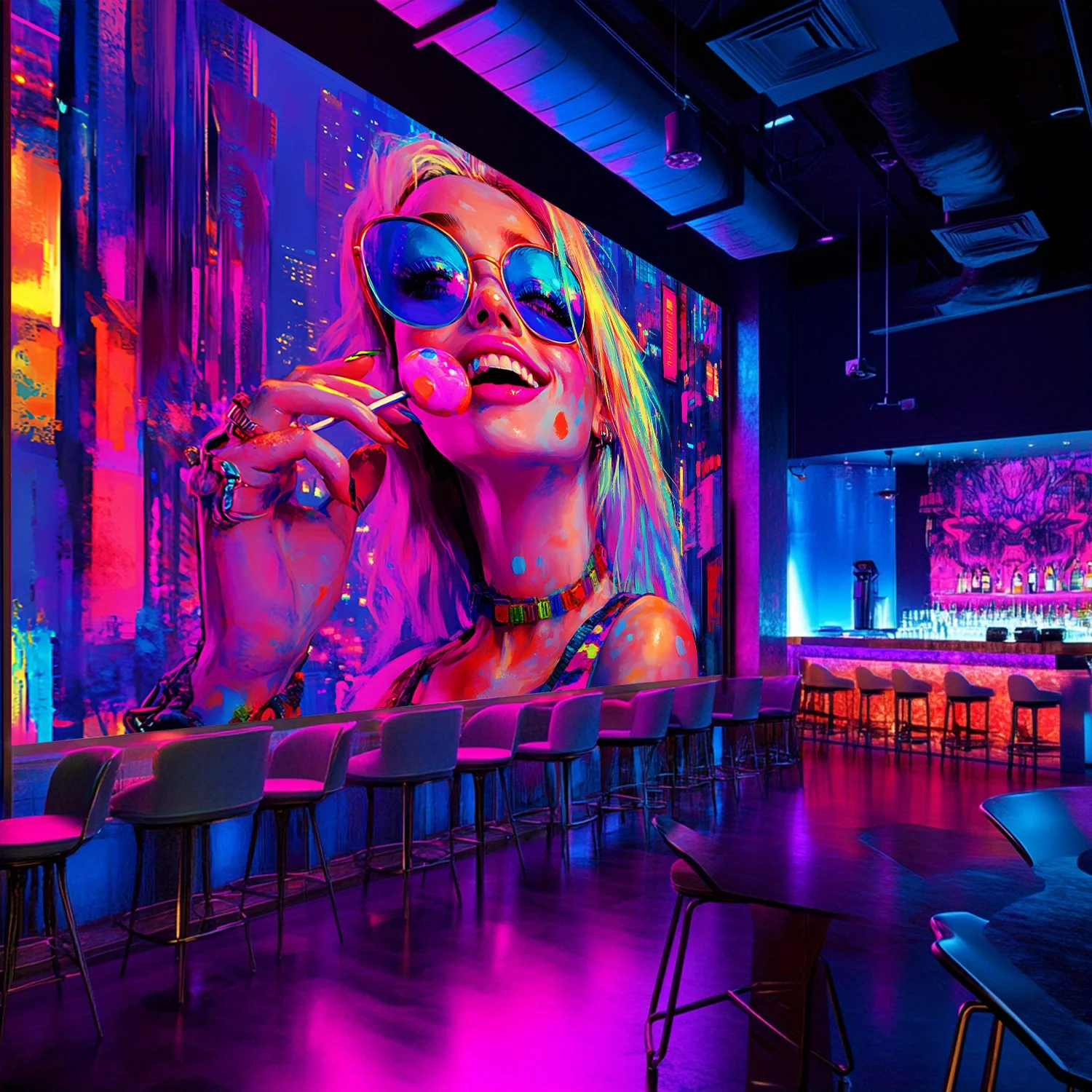 Cyberpunk Tapestry - Neon Girl Wall Art, Retro Futuristic Decor, Colorful Cityscape Hanging, Polyester, Multiple Sizes
