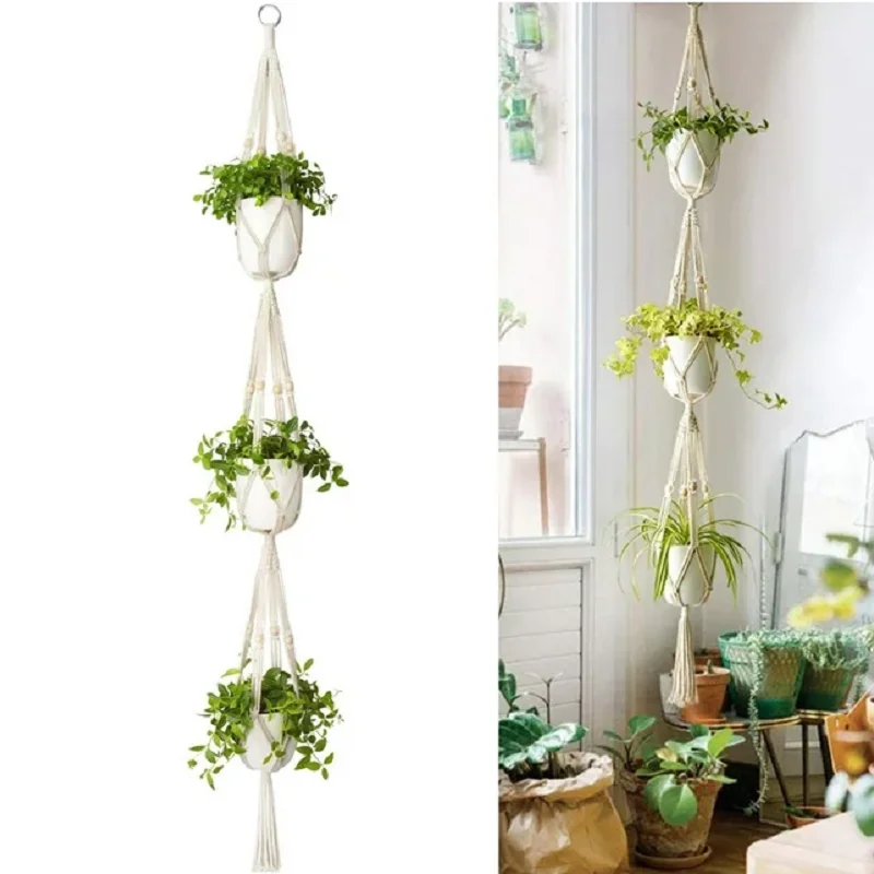 1Pc Macrame Plant Hanger 3 Tier Indoor Outdoor Hanging Planter Basket Cotton Rope with Beads 180cm