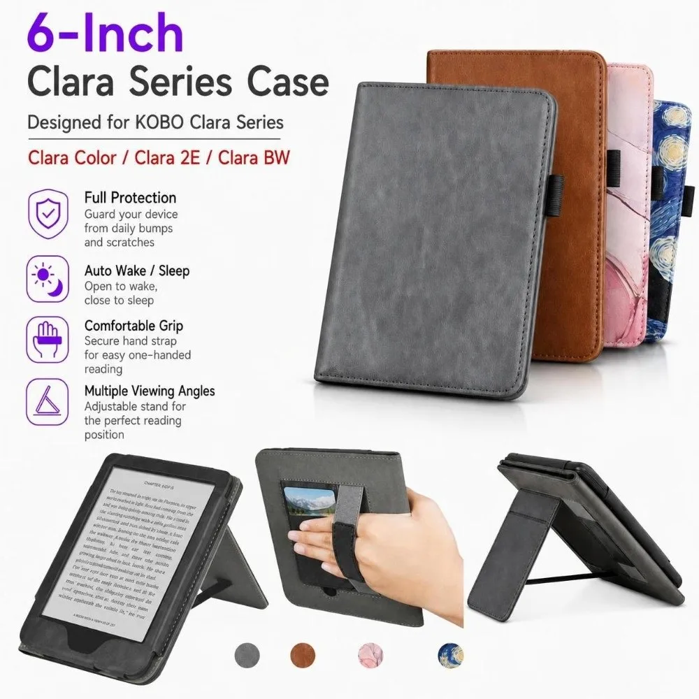 Stand Function E-Reader Case Auto Sleep/Wake Hand Strap Folio Stand Case Magnetic Closure Card Slot for Kobo Clara Color/2E/BW