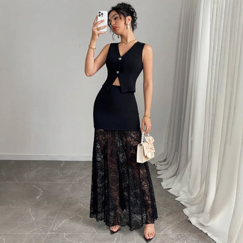 European Code2025Autumn and Winter New Style Vest with Lace Patchwork Skirt Women's Two-Piece Set for Daily Wear