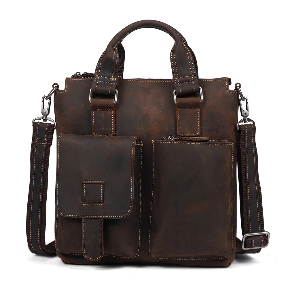 Saco de couro genuíno vintage do cavalo louco masculino, moda comercial, bolsa masculina vertical, pasta, bolsa de ombro