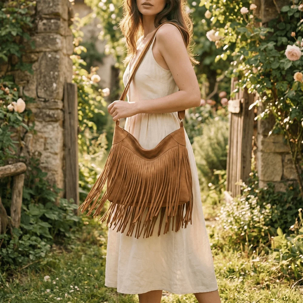 New Retro Bohemian Tassel Crossbody Bag Matte Large Capacity Tote Bag Solid Color Polyester Faux Suede Shoulder Bag Commuting