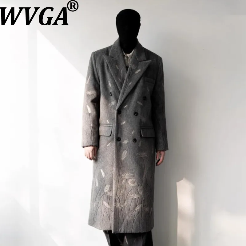 

WVGA Autumn Winter New Men Tide Embroidery Trendy Long Thick Woolen Overcoat Niche Chic Casual Double-Breasted Jakcet Ins W17789