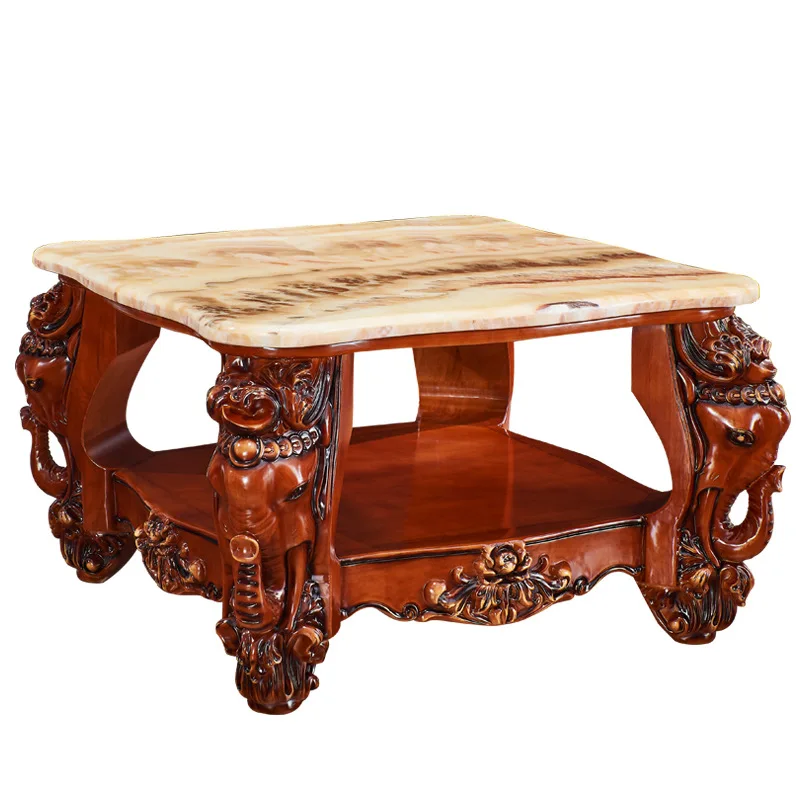 

European marble corner table, American solid wood elephant carved square table villa living room small tea table