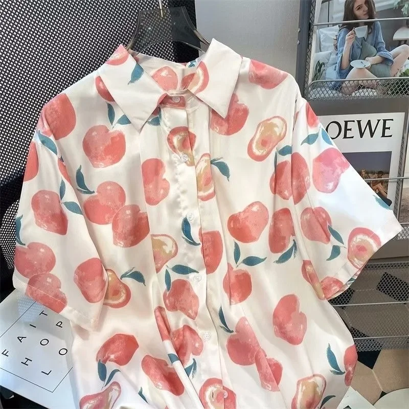 Retro Cute Fruit Peach Full Print Short Sleeve Shirts Harajuku Students Loose Oversized Summer Blouse Button Up Camisa Goth Coat