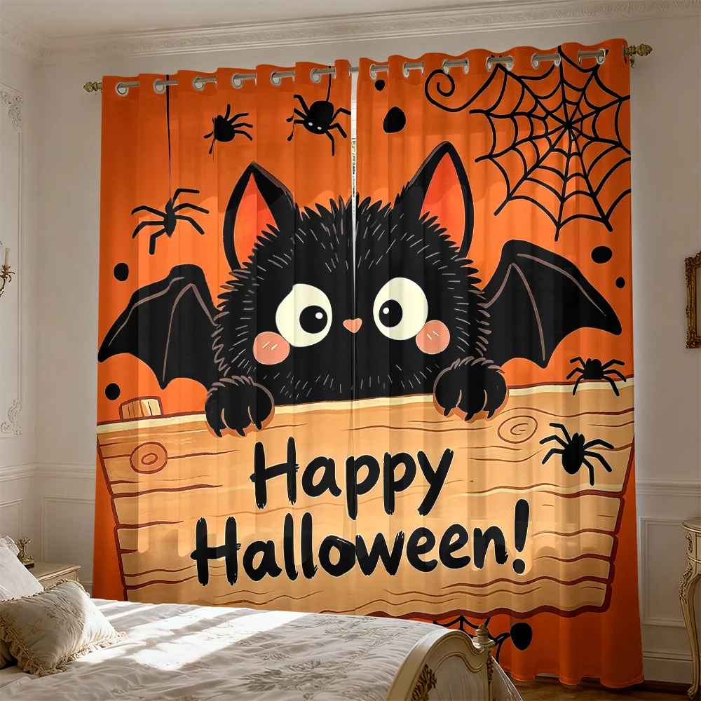 Halloween Cute Bat 2 Panels 90g Polyester Curtains Kawaii Spooky Vampire Bat Drapes Holiday Bedroom Decor