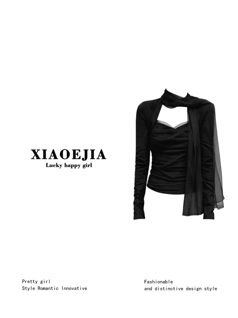 Women's Black T-shirt Harajuku Korean Y2k Tee Top 2000s 90s Aesthetic Fashion Vintage Long Sleeves T-shirt Autumn 2026 Clothes