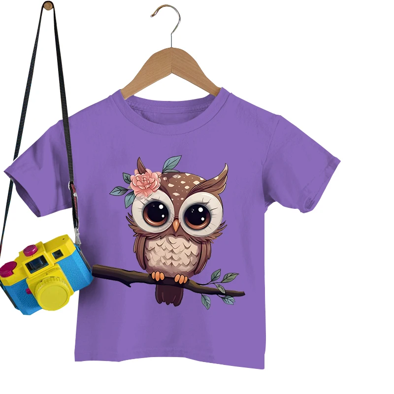 

Cute Owl Print Tee Shirt Children Girls Summer T-shirt Cute Children Print T-shirt Kid Casual Short Sleeve T-shirt