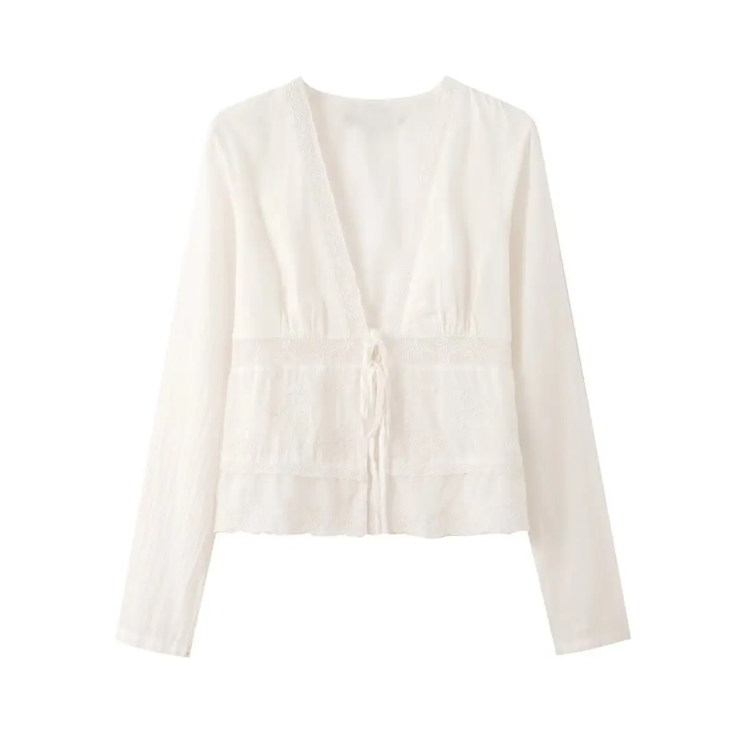 

Осенняя женская рубашка с длинными рукавами, женская универсальная удобная рубашка с длинными рукавами и v-образным вырезом с вышивкой