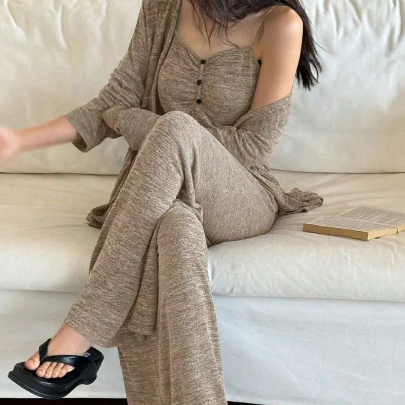 Stylish 3-Piece Women’s Soft Modal Lounge Set, Camisole & Robe & Pants Relaxed Fit, Breathable Lightweight Versatile Spring Summ