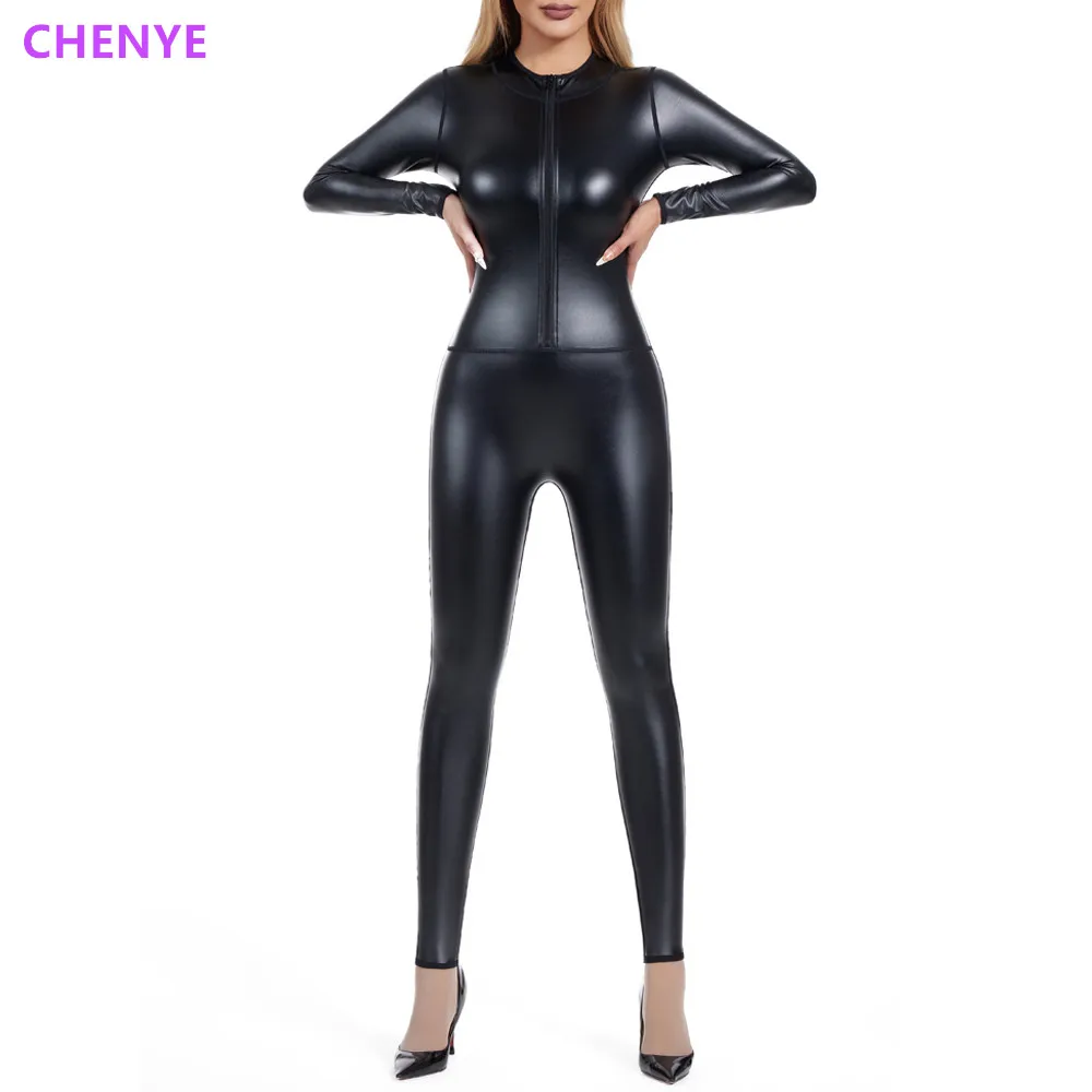 Women\'s Seamless Leather Shapewear Bodysuit Metallic Zip Front Mock Neck Catsuit Costume Ladies Elastic Jumpsuit Costume Shapers