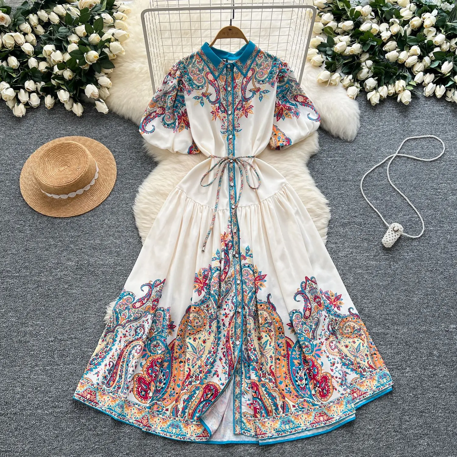 

Dress Women Long Dresses Print Party Night A Line Vestidos Turn Down Collar Lantern Sleeve High Waist Elegant Y2k Streetwear