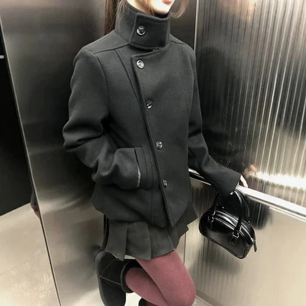 Herbst/Winter Neuheit: Verdickte Damen-Kapuzenjacke im Dark Academia-Stil mit Stehkragen und kurzem, schrägem Reißverschluss – Detail 3