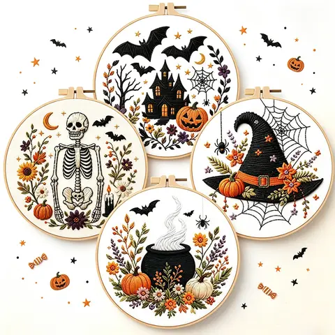 Pumpkin Skeleton Embroidery Kit with EN Instructions,Thread, Stamped Cloth with Pattern Kit for DIY Gift